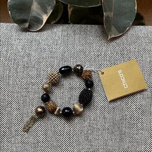 NWT Vintage Chico's Holiday Gold Tone Black Beaded Tassel Stretch Braclet